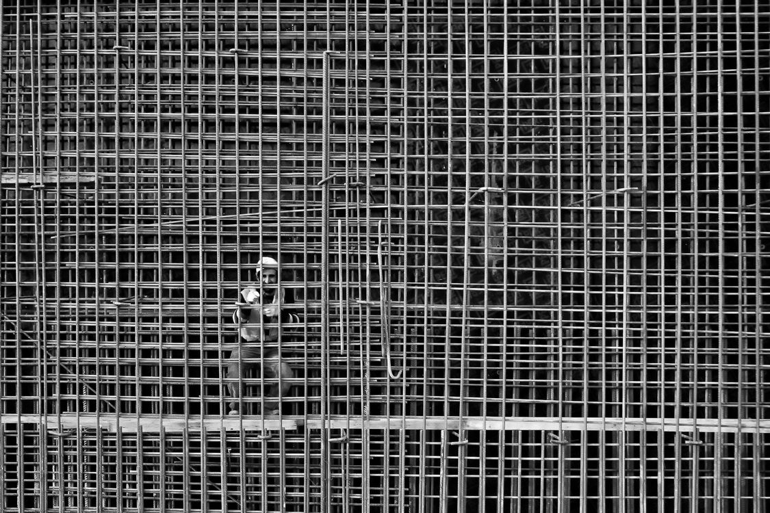 Steel reinforcement grid at a construction site